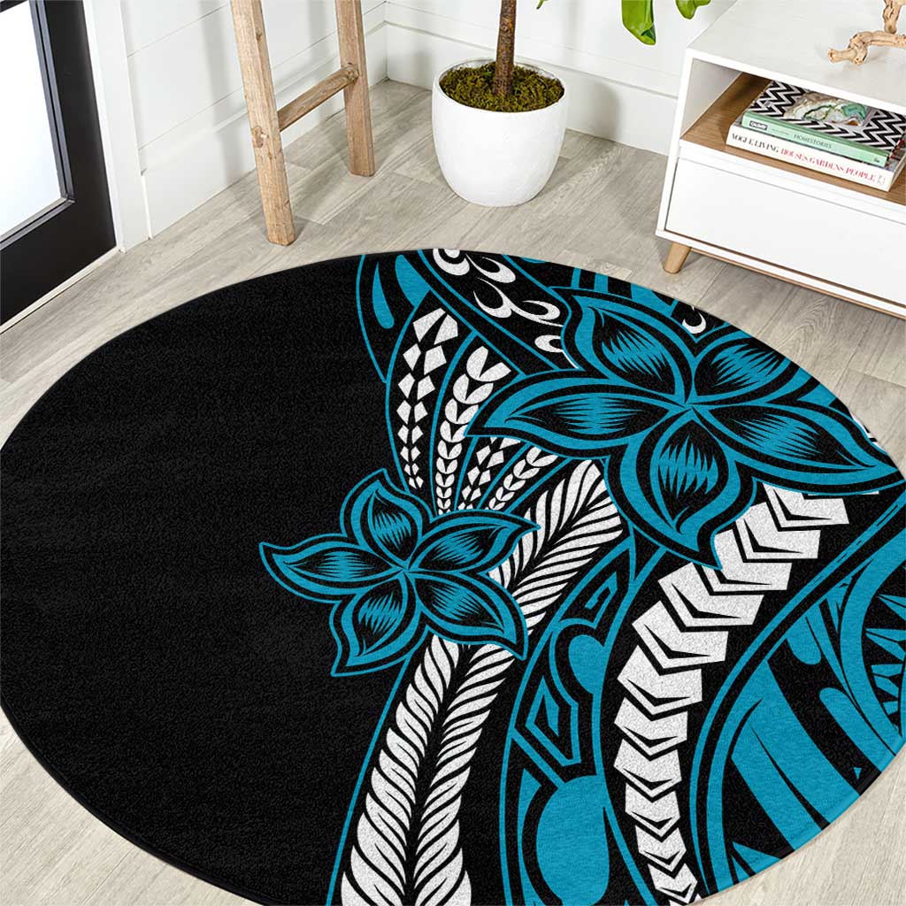 Polynesian Plumeria Floral Tattoo Pattern Round Carpet Blue Style