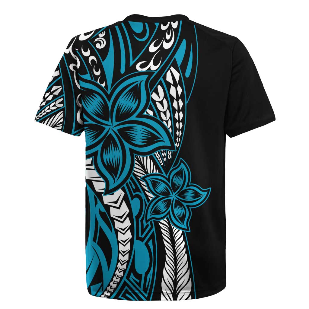 Polynesian Plumeria Floral Tattoo Pattern Rugby Jersey Bllue Style