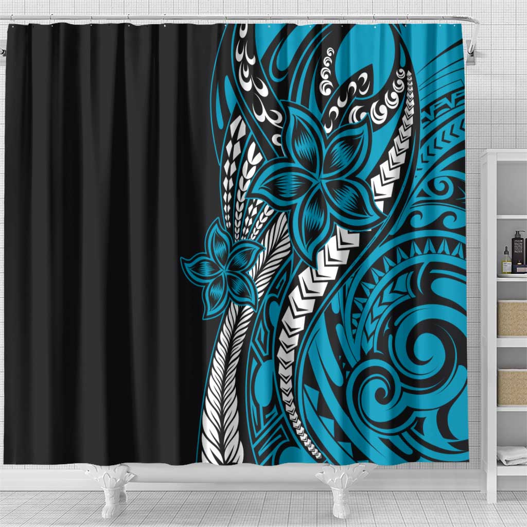 Polynesian Plumeria Floral Tattoo Pattern Shower Curtain Blue Style