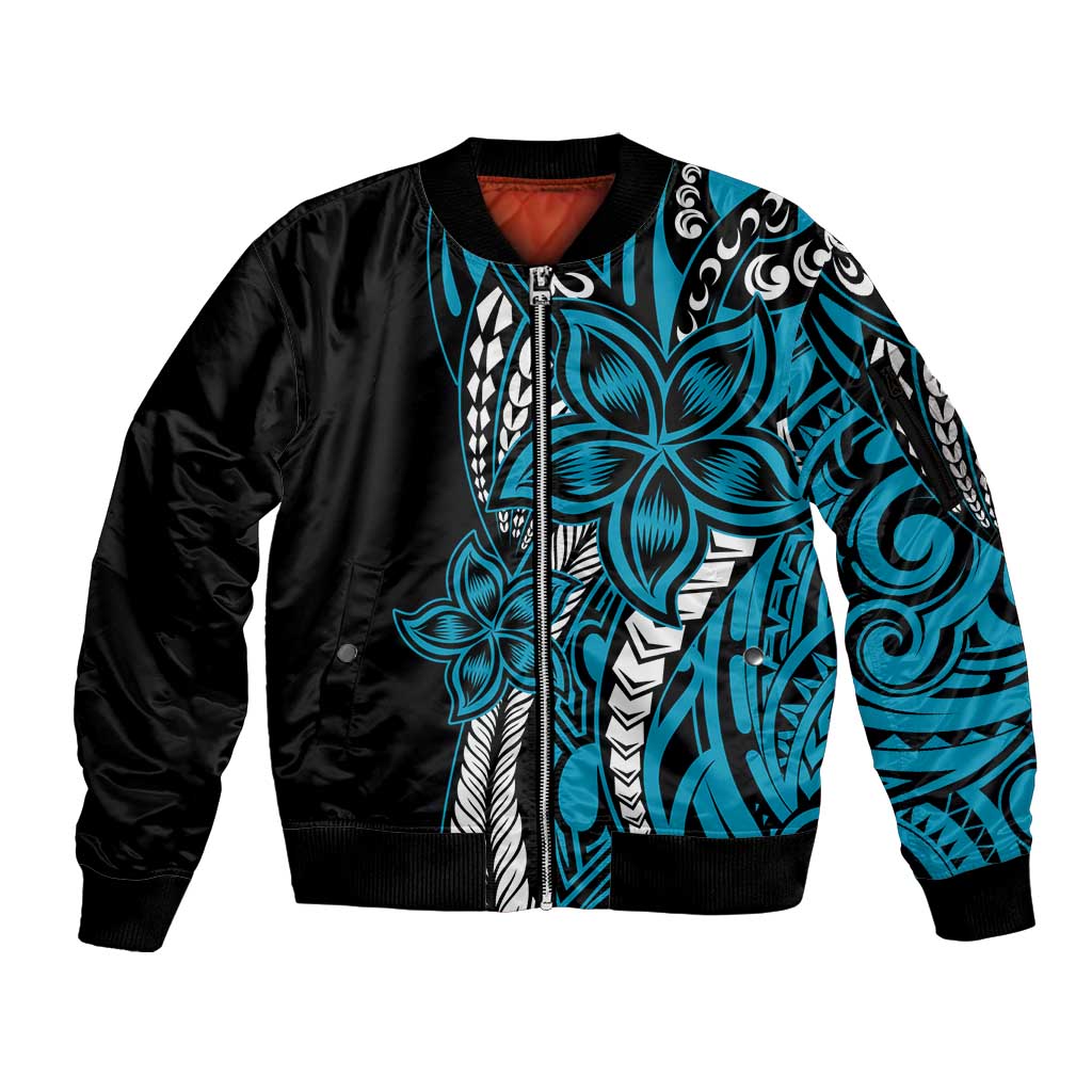Polynesian Plumeria Floral Tattoo Pattern Sleeve Zip Bomber Jacket Bllue Style