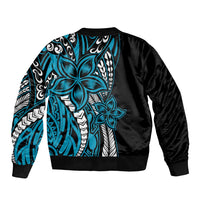 Polynesian Plumeria Floral Tattoo Pattern Sleeve Zip Bomber Jacket Bllue Style