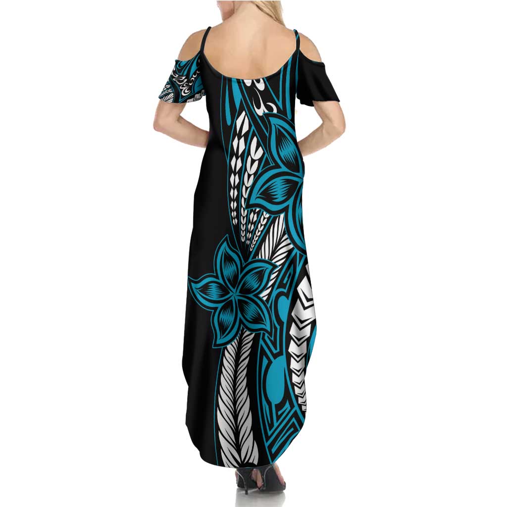 Polynesian Plumeria Floral Tattoo Pattern Summer Maxi Dress Blue Style LT9 - Polynesian Pride