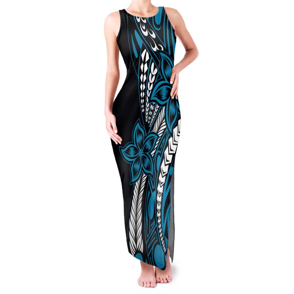 Polynesian Plumeria Floral Tattoo Pattern Tank Maxi Dress Bllue Style