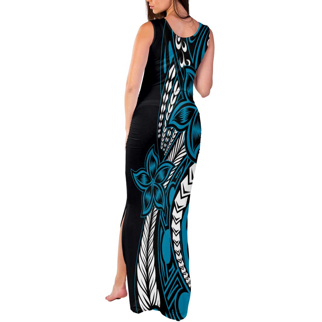 Polynesian Plumeria Floral Tattoo Pattern Tank Maxi Dress Blue Style LT9 - Polynesian Pride