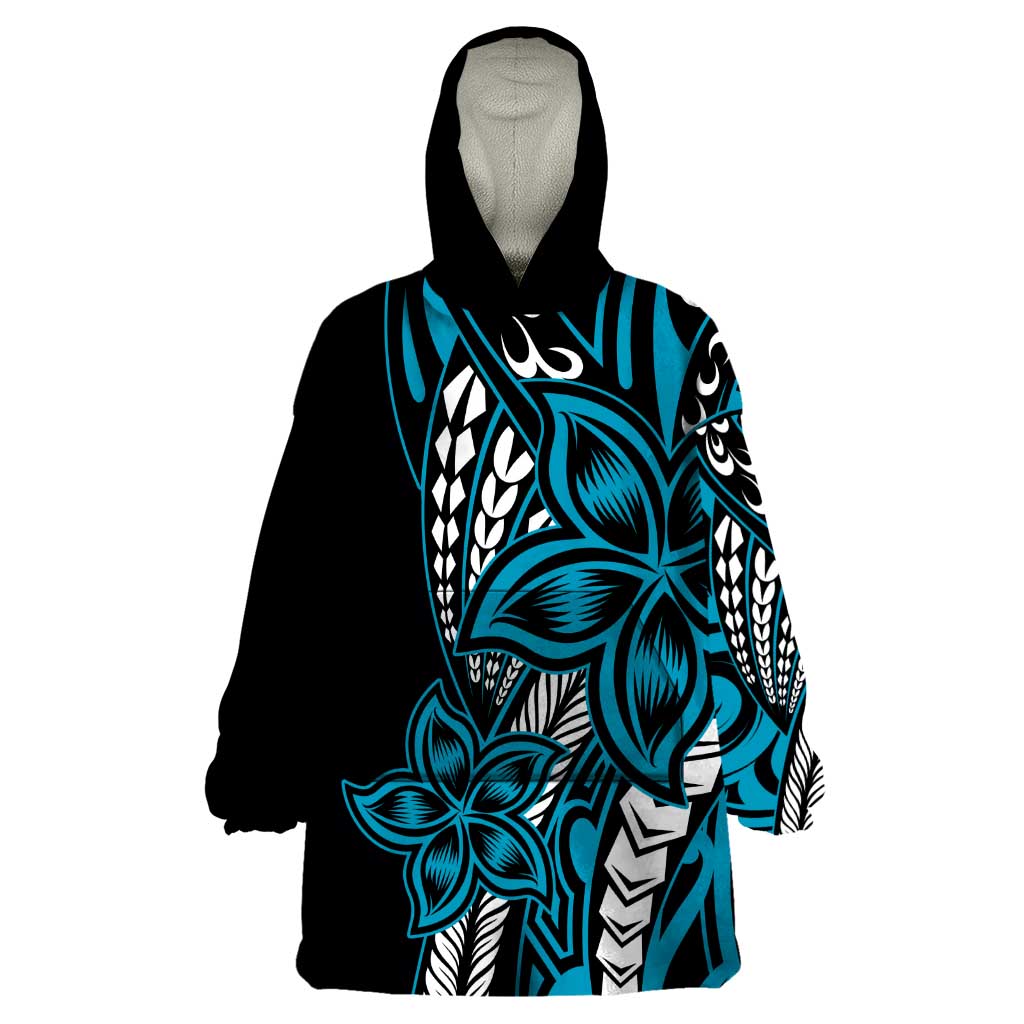 Polynesian Plumeria Floral Tattoo Pattern Wearable Blanket Hoodie Bllue Style