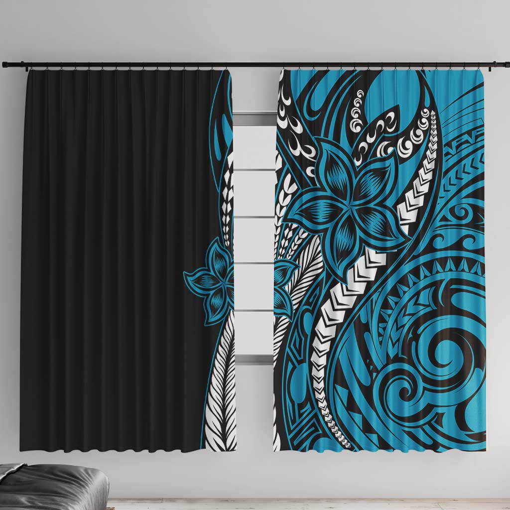 Polynesian Plumeria Floral Tattoo Pattern Window Curtain Blue Style LT9 With Hooks Blue - Polynesian Pride