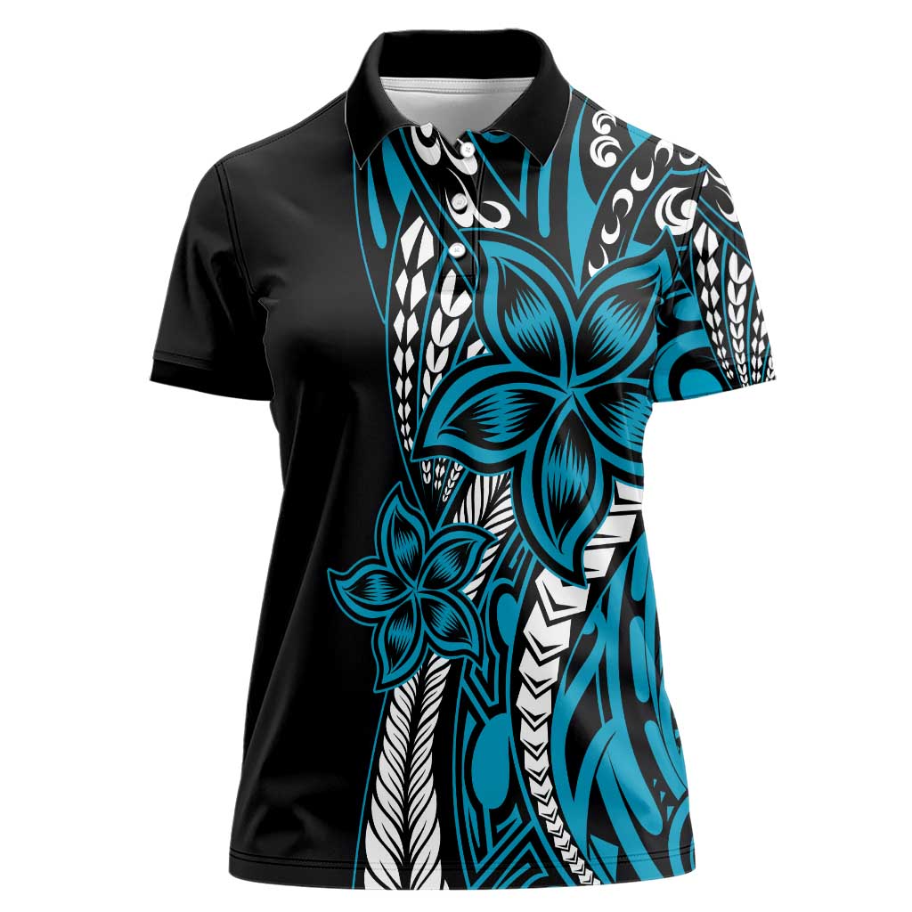 Polynesian Plumeria Floral Tattoo Pattern Women Polo Shirt Bllue Style