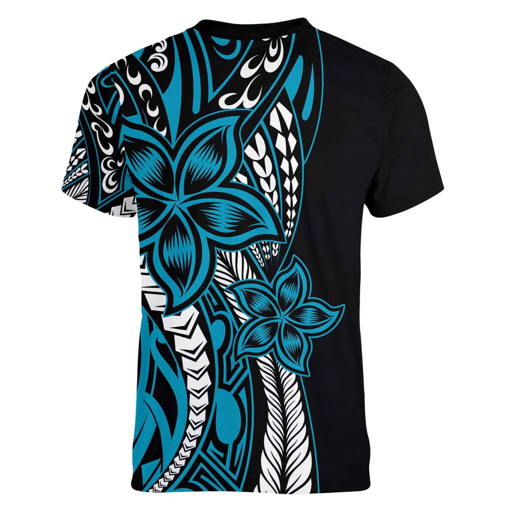 Polynesian Plumeria Floral Tattoo Pattern Women V-Neck T-Shirt Bllue Style
