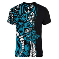 Polynesian Plumeria Floral Tattoo Pattern Women V-Neck T-Shirt Bllue Style