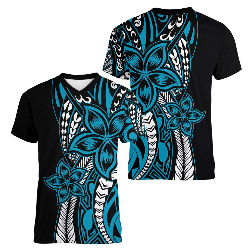 Polynesian Plumeria Floral Tattoo Pattern Women V-Neck T-Shirt Bllue Style