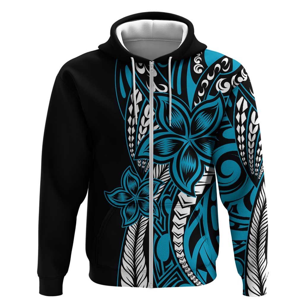 Polynesian Plumeria Floral Tattoo Pattern Zip Hoodie Bllue Style
