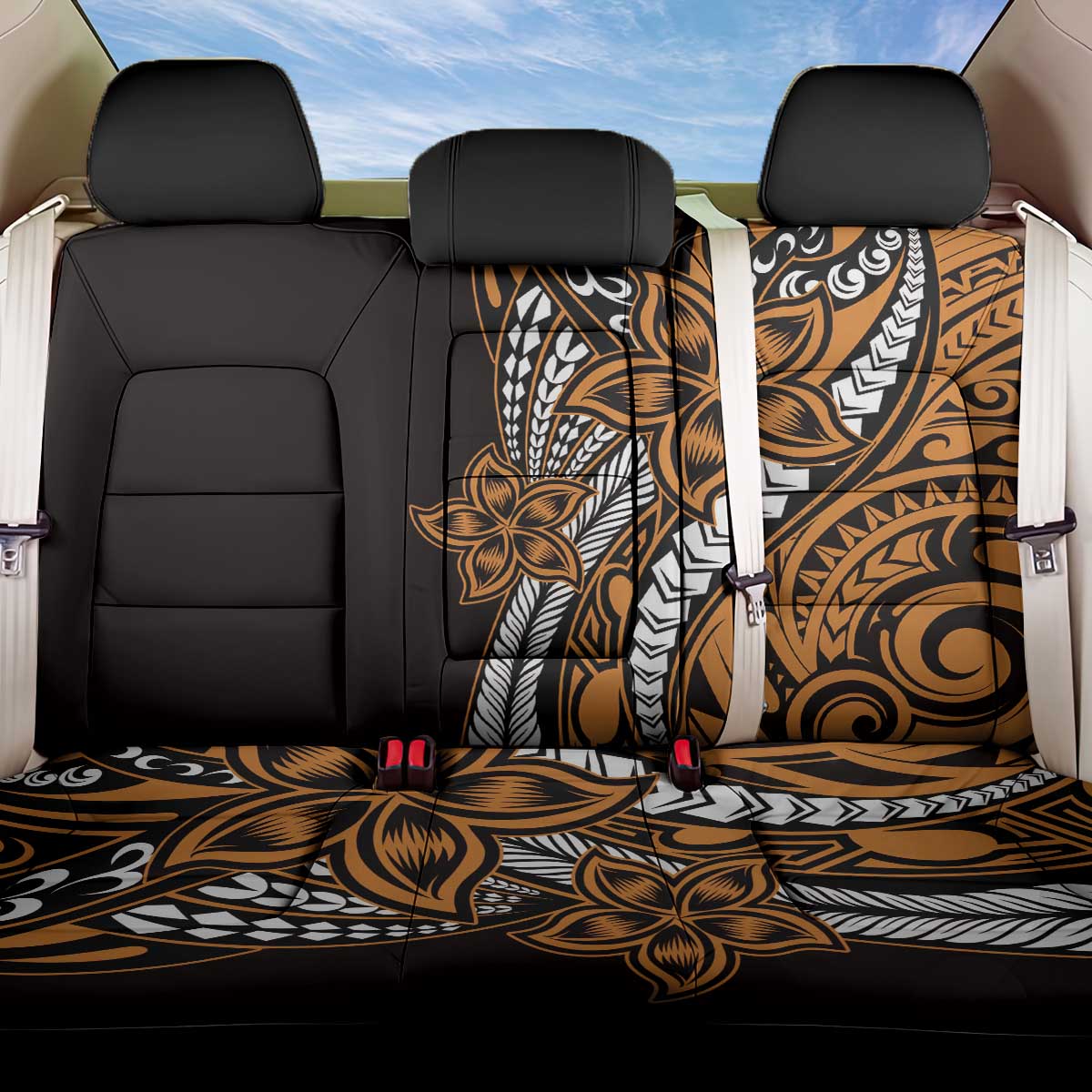 Polynesian Plumeria Floral Tattoo Pattern Back Car Seat Cover Gold Style