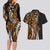 Polynesian Plumeria Floral Tattoo Pattern Couples Matching Long Sleeve Bodycon Dress and Hawaiian Shirt Gold Style