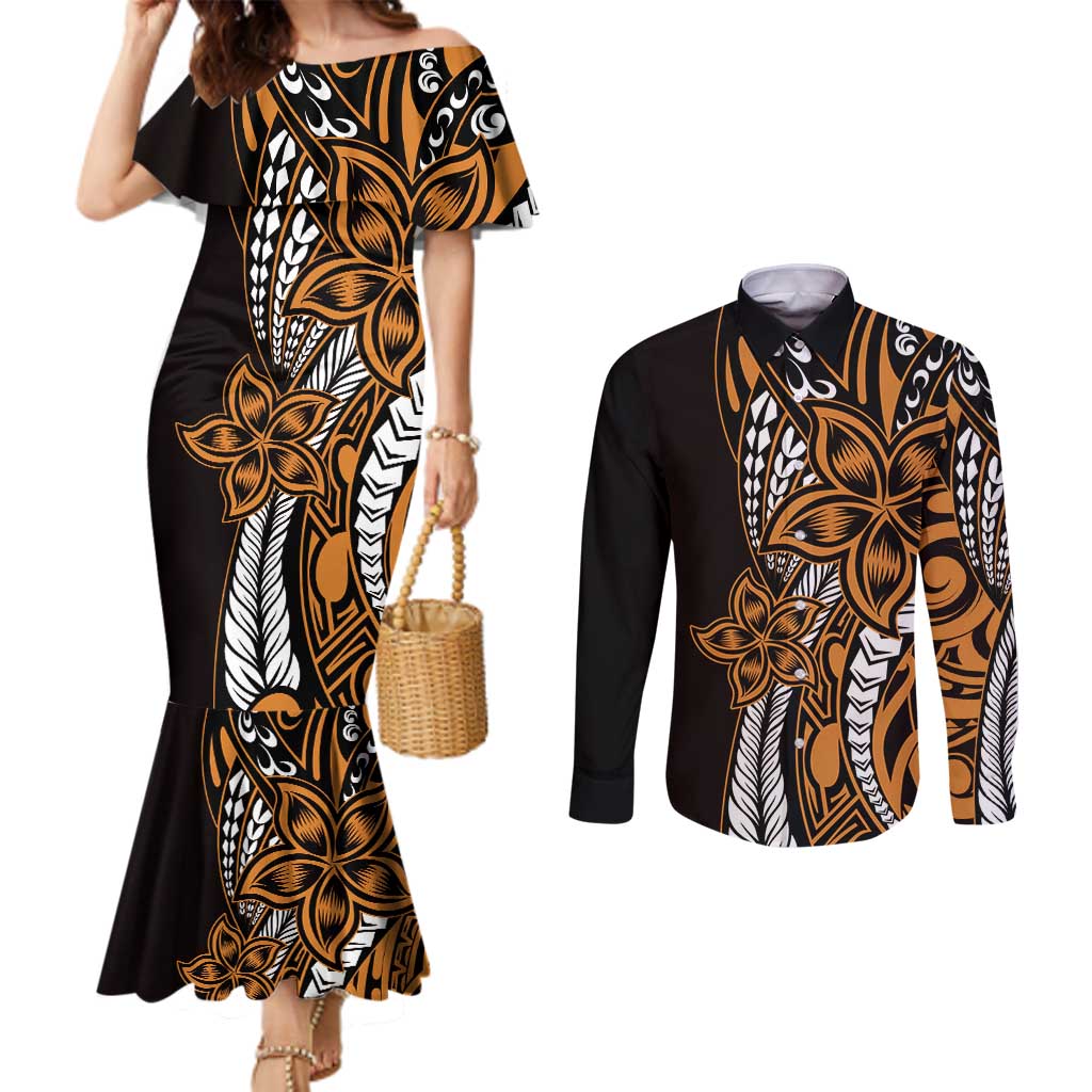 Polynesian Plumeria Floral Tattoo Pattern Couples Matching Mermaid Dress and Long Sleeve Button Shirt Gold Style LT9 Gold - Polynesian Pride