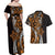 Polynesian Plumeria Floral Tattoo Pattern Couples Matching Off Shoulder Maxi Dress and Hawaiian Shirt Gold Style