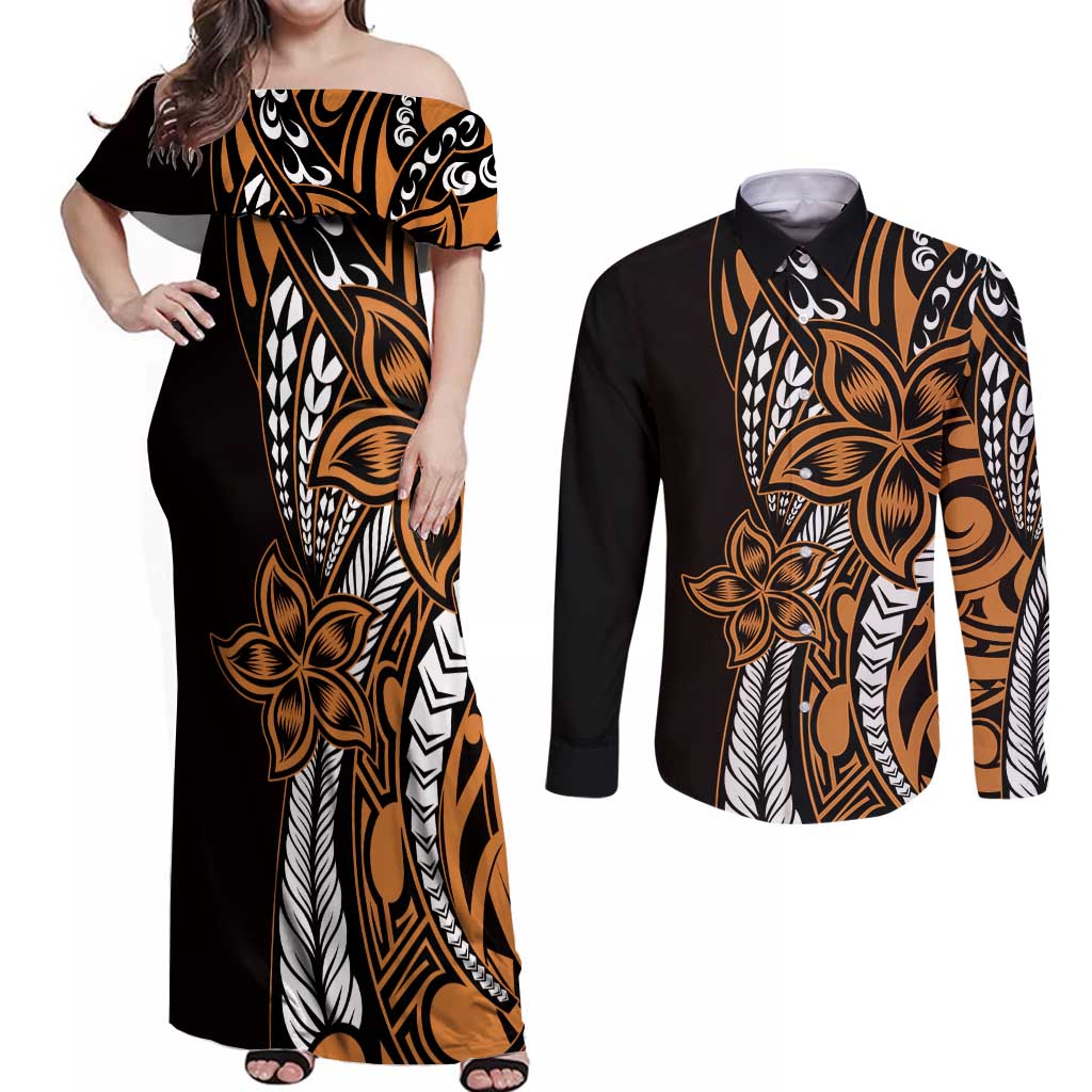 Polynesian Plumeria Floral Tattoo Pattern Couples Matching Off Shoulder Maxi Dress and Long Sleeve Button Shirt Gold Style LT9 Gold - Polynesian Pride