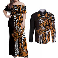 Polynesian Plumeria Floral Tattoo Pattern Couples Matching Off Shoulder Maxi Dress and Long Sleeve Button Shirt Gold Style LT9 Gold - Polynesian Pride