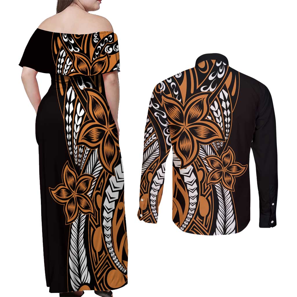 Polynesian Plumeria Floral Tattoo Pattern Couples Matching Off Shoulder Maxi Dress and Long Sleeve Button Shirt Gold Style LT9 - Polynesian Pride