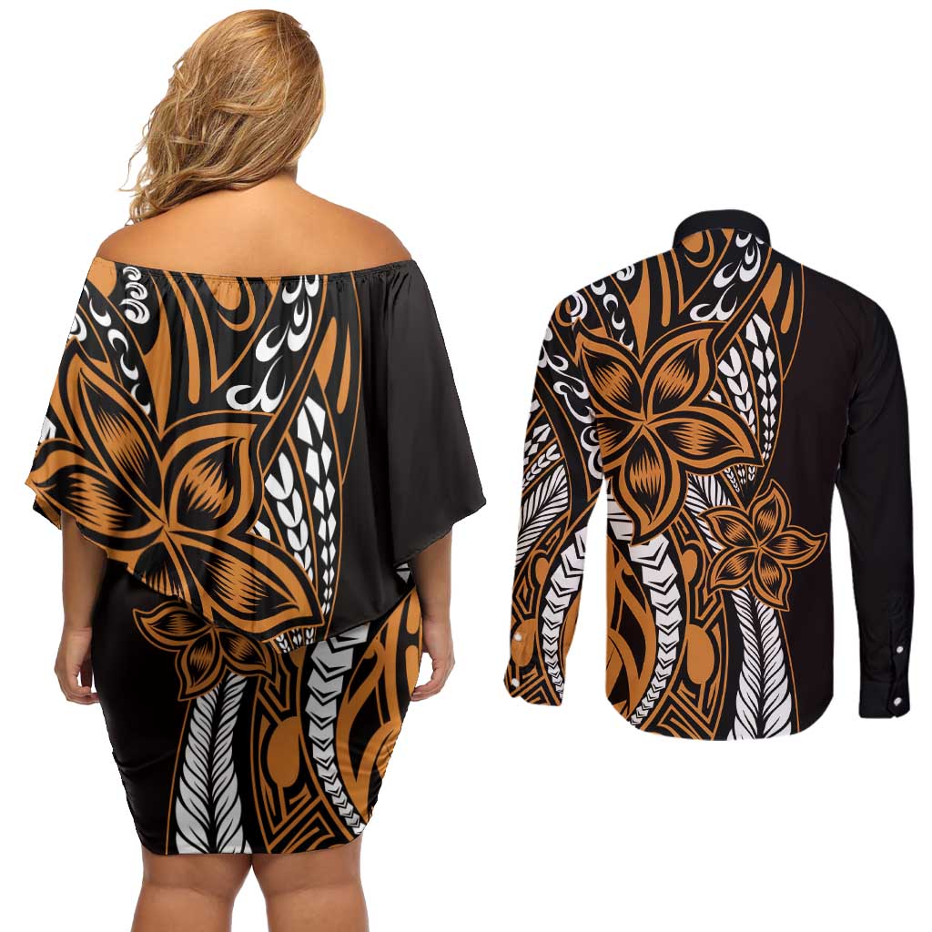 Polynesian Plumeria Floral Tattoo Pattern Couples Matching Off Shoulder Short Dress and Long Sleeve Button Shirt Gold Style LT9 - Polynesian Pride