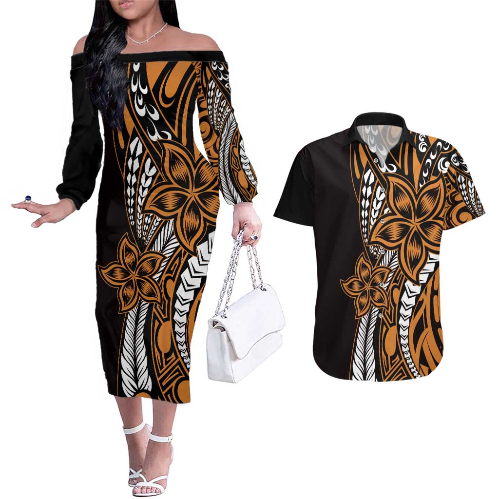 Polynesian Plumeria Floral Tattoo Pattern Couples Matching Off The Shoulder Long Sleeve Dress and Hawaiian Shirt Gold Style