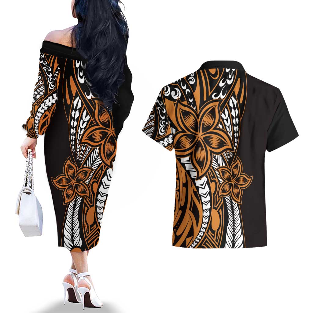 Polynesian Plumeria Floral Tattoo Pattern Couples Matching Off The Shoulder Long Sleeve Dress and Hawaiian Shirt Gold Style