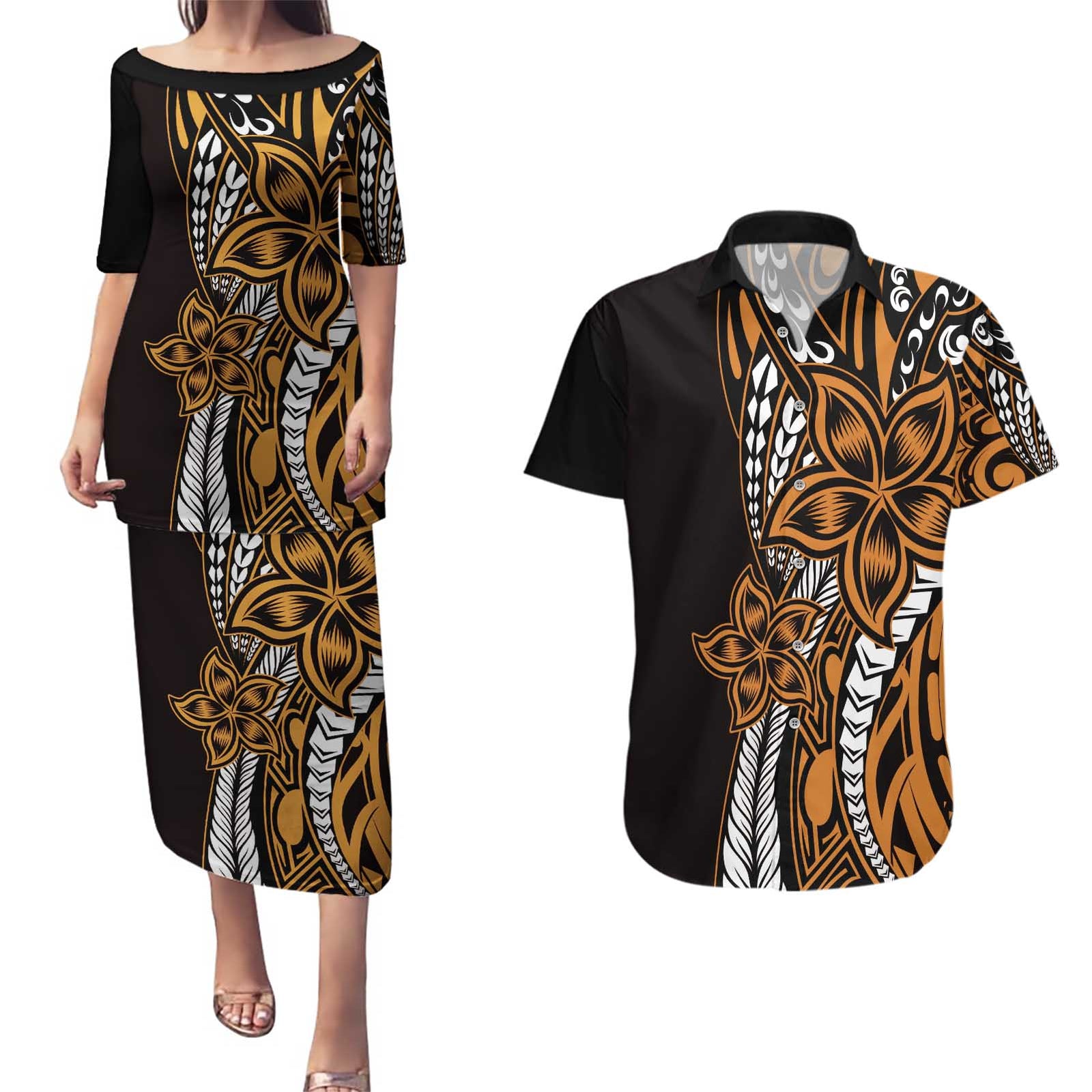 Polynesian Plumeria Floral Tattoo Pattern Couples Matching Puletasi and Hawaiian Shirt Gold Style LT9 Gold - Polynesian Pride