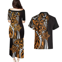 Polynesian Plumeria Floral Tattoo Pattern Couples Matching Puletasi and Hawaiian Shirt Gold Style LT9 - Polynesian Pride