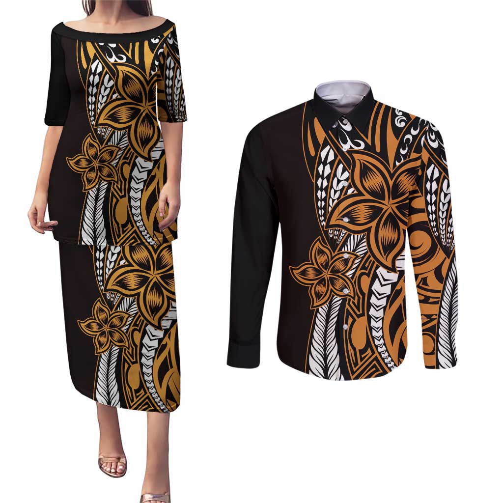 Polynesian Plumeria Floral Tattoo Pattern Couples Matching Puletasi and Long Sleeve Button Shirt Gold Style LT9 Gold - Polynesian Pride
