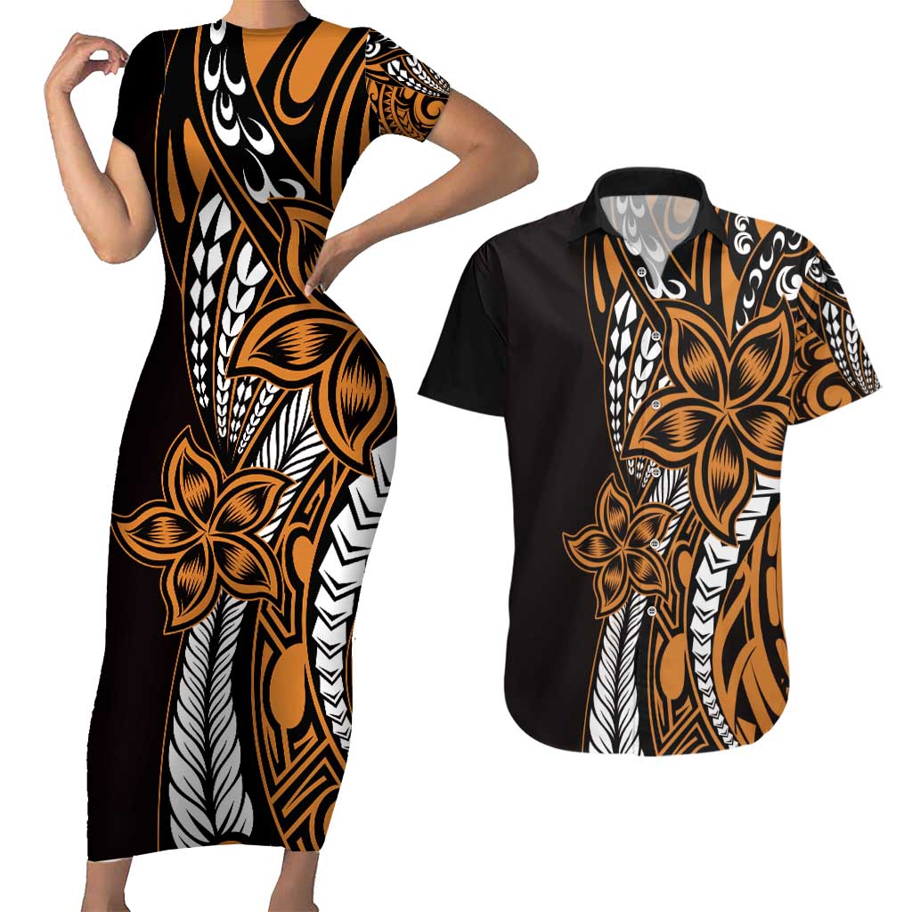 Polynesian Plumeria Floral Tattoo Pattern Couples Matching Short Sleeve Bodycon Dress and Hawaiian Shirt Gold Style LT9 Gold - Polynesian Pride
