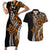 Polynesian Plumeria Floral Tattoo Pattern Couples Matching Short Sleeve Bodycon Dress and Hawaiian Shirt Gold Style