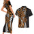 Polynesian Plumeria Floral Tattoo Pattern Couples Matching Short Sleeve Bodycon Dress and Hawaiian Shirt Gold Style