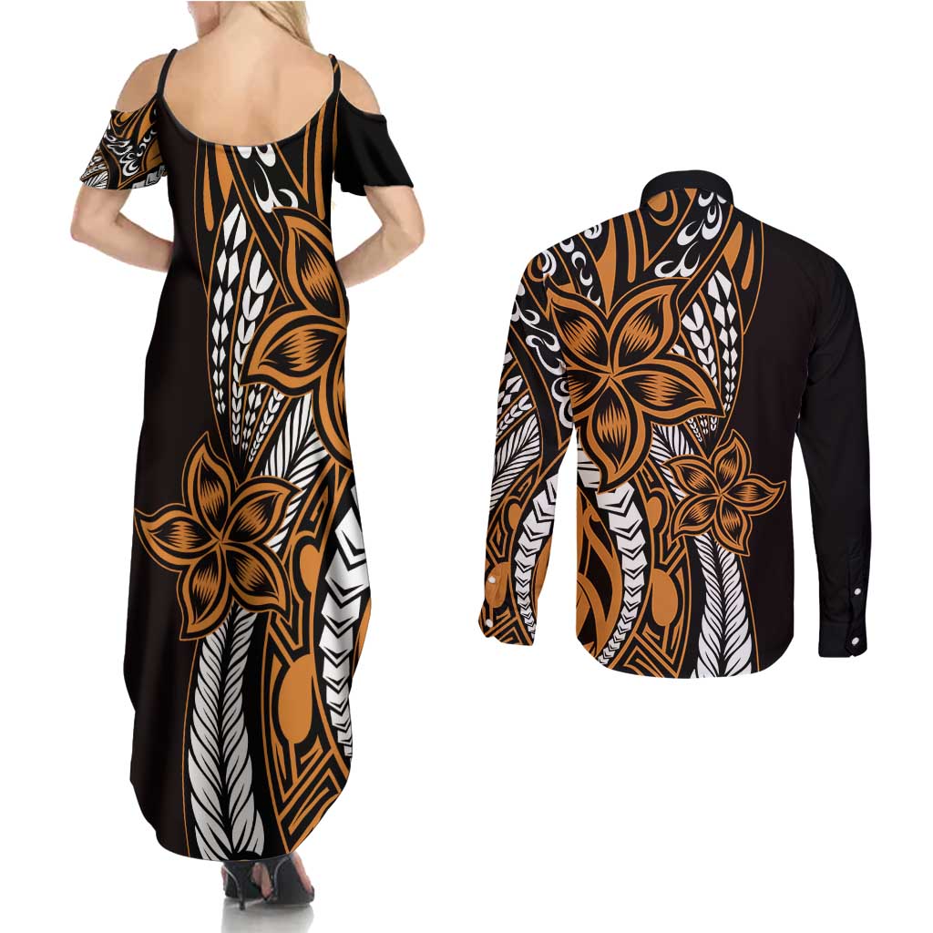 Polynesian Plumeria Floral Tattoo Pattern Couples Matching Summer Maxi Dress and Long Sleeve Button Shirt Gold Style LT9 - Polynesian Pride