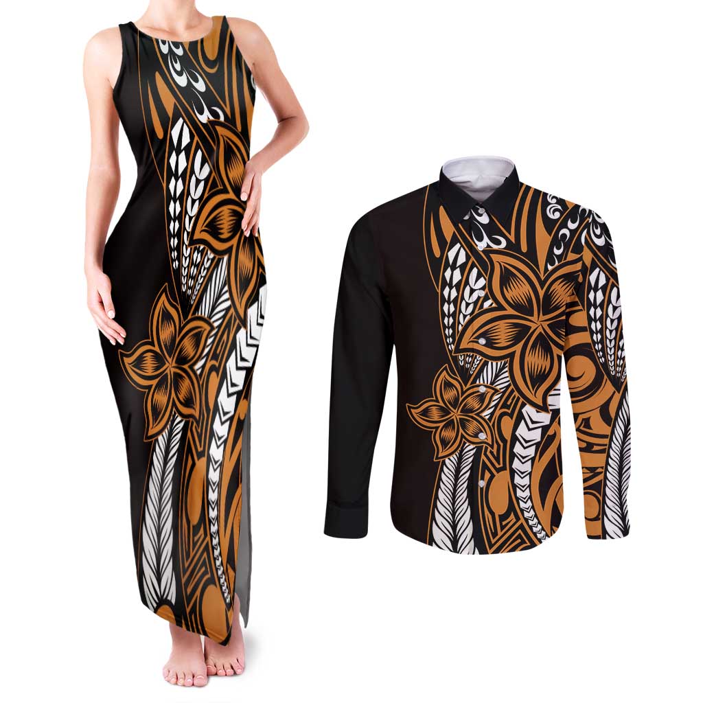 Polynesian Plumeria Floral Tattoo Pattern Couples Matching Tank Maxi Dress and Long Sleeve Button Shirt Gold Style LT9 Gold - Polynesian Pride