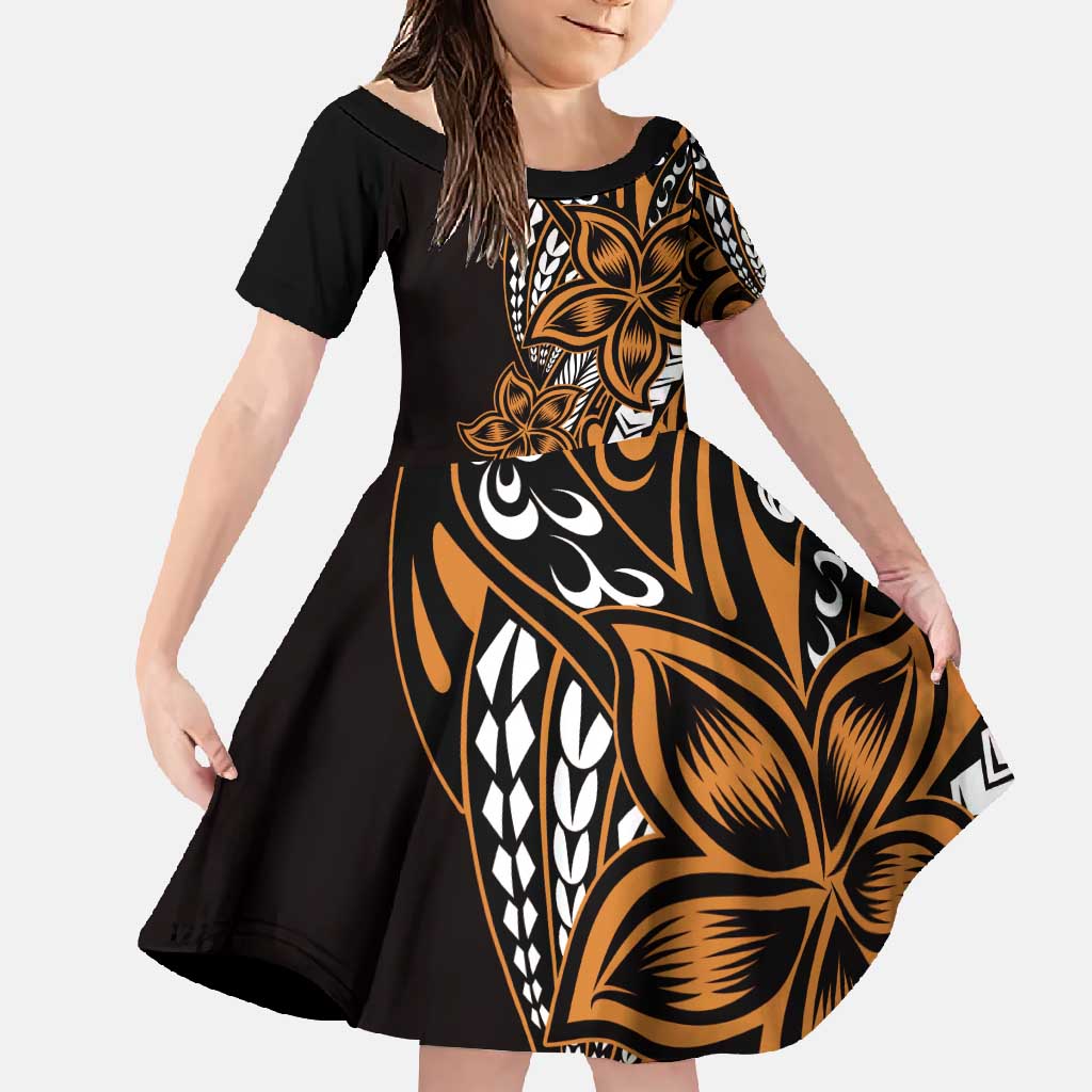 Polynesian Plumeria Floral Tattoo Pattern Family Matching Long Sleeve Bodycon Dress and Hawaiian Shirt Gold Style