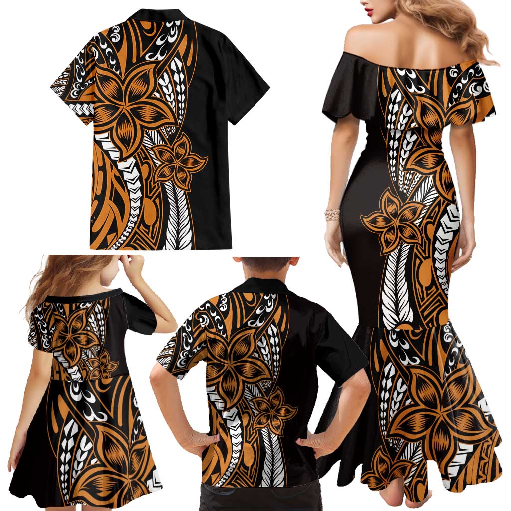 Polynesian Plumeria Floral Tattoo Pattern Family Matching Mermaid Dress and Hawaiian Shirt Gold Style
