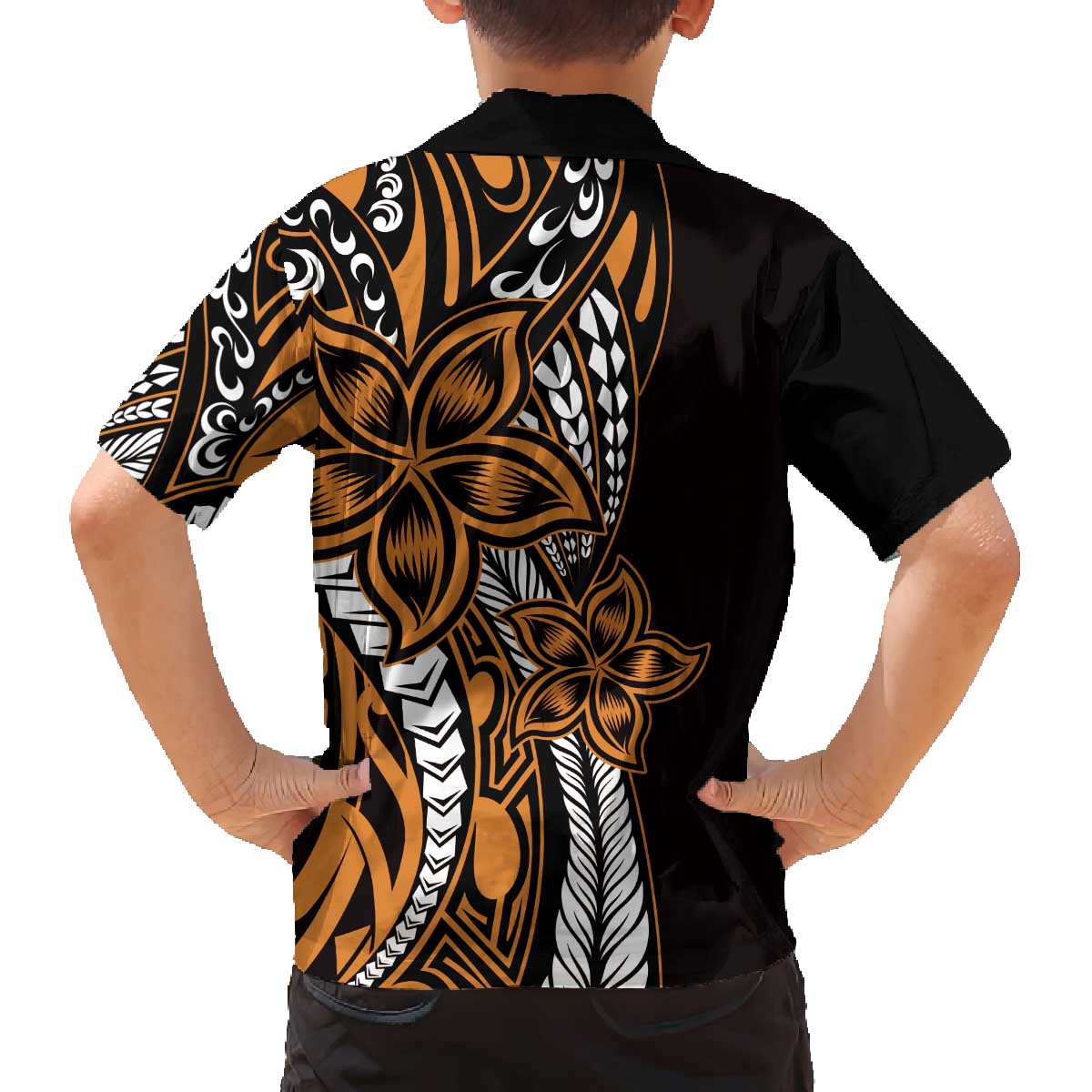 Polynesian Plumeria Floral Tattoo Pattern Family Matching Off The Shoulder Long Sleeve Dress and Hawaiian Shirt Gold Style