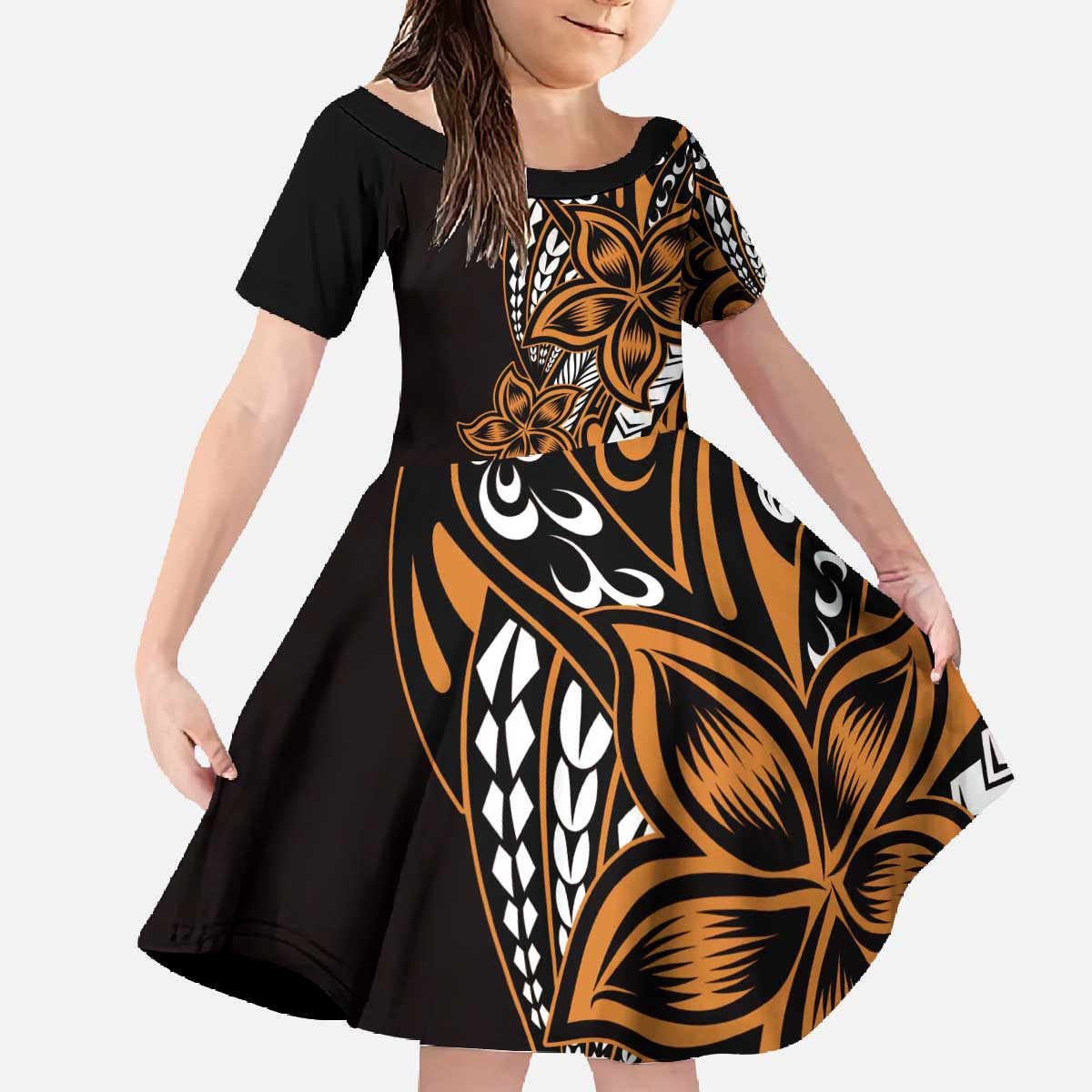 Polynesian Plumeria Floral Tattoo Pattern Family Matching Off The Shoulder Long Sleeve Dress and Hawaiian Shirt Gold Style