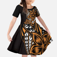 Polynesian Plumeria Floral Tattoo Pattern Family Matching Off The Shoulder Long Sleeve Dress and Hawaiian Shirt Gold Style