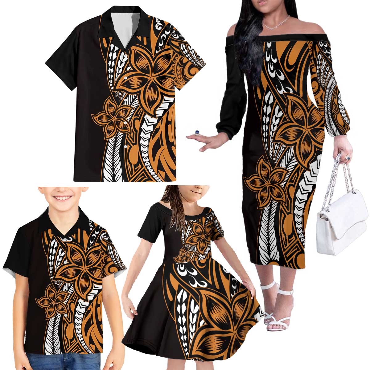 Polynesian Plumeria Floral Tattoo Pattern Family Matching Off The Shoulder Long Sleeve Dress and Hawaiian Shirt Gold Style