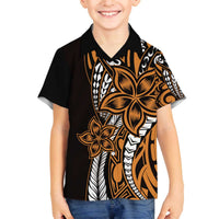 Polynesian Plumeria Floral Tattoo Pattern Family Matching Off The Shoulder Long Sleeve Dress and Hawaiian Shirt Gold Style