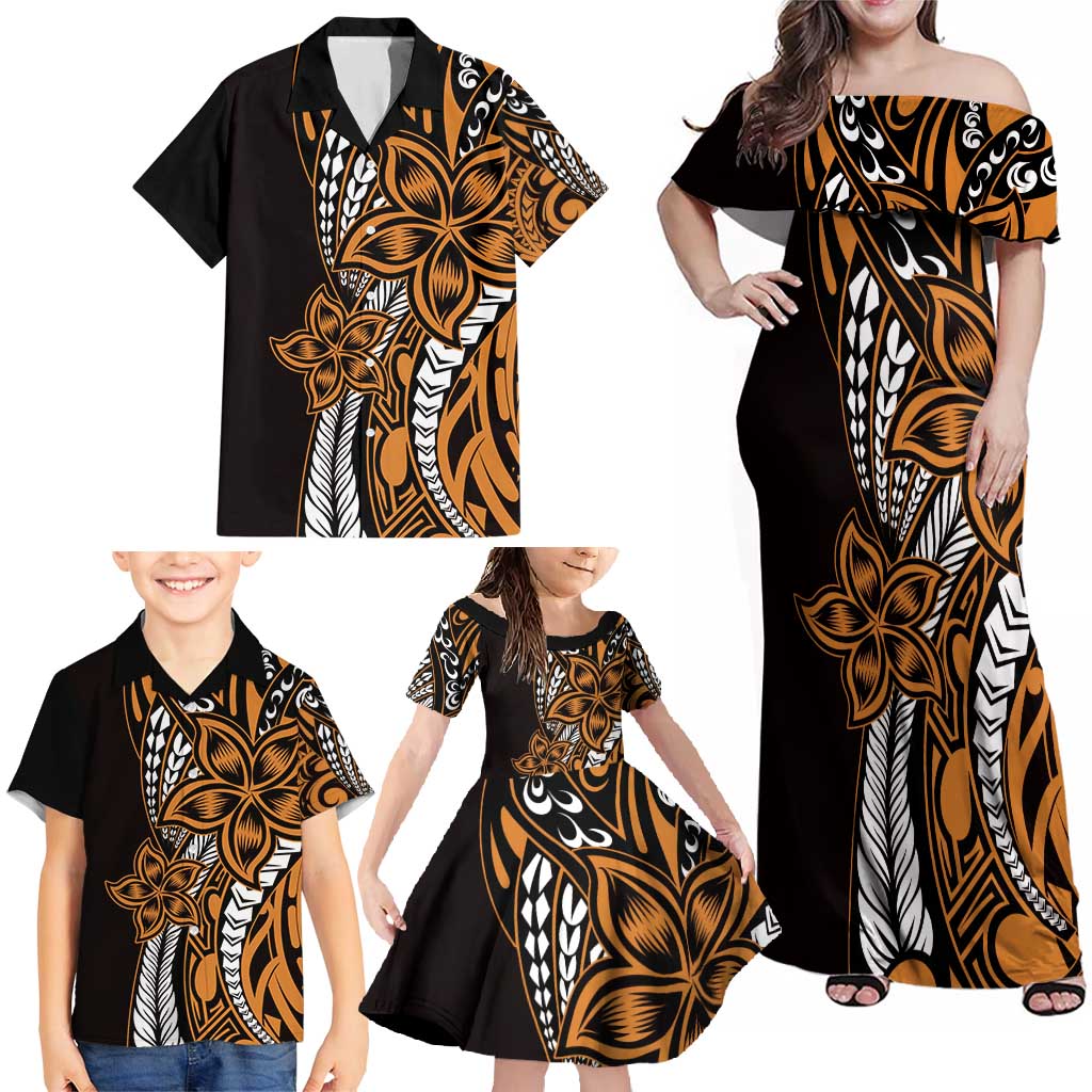 Polynesian Plumeria Floral Tattoo Pattern Family Matching Off Shoulder Maxi Dress and Hawaiian Shirt Gold Style LT9 - Polynesian Pride