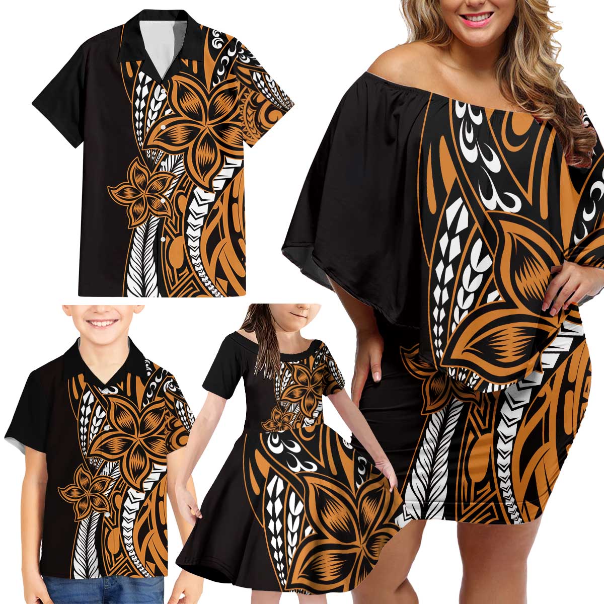 Polynesian Plumeria Floral Tattoo Pattern Family Matching Off Shoulder Short Dress and Hawaiian Shirt Gold Style