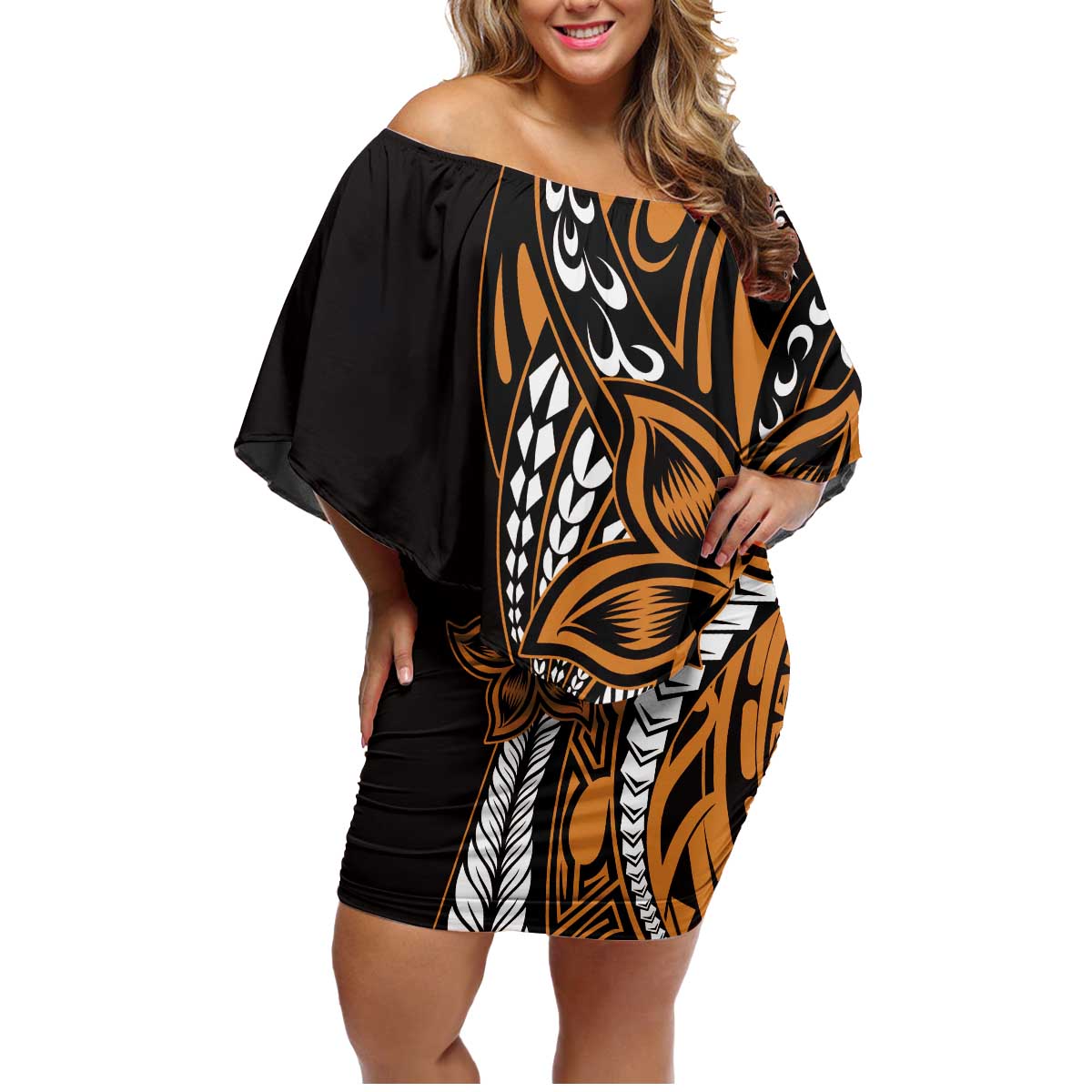 Polynesian Plumeria Floral Tattoo Pattern Family Matching Off Shoulder Short Dress and Hawaiian Shirt Gold Style