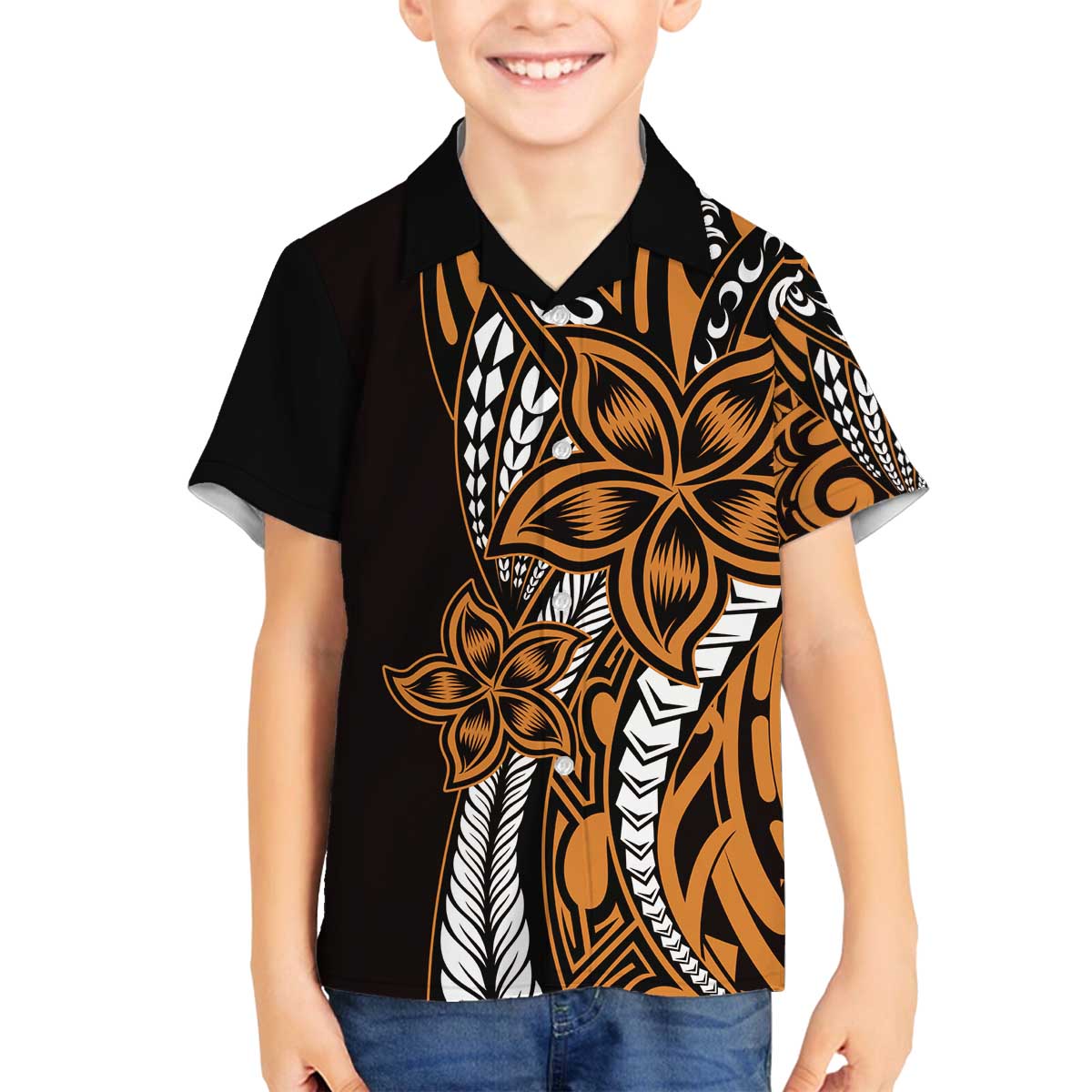Polynesian Plumeria Floral Tattoo Pattern Family Matching Puletasi and Hawaiian Shirt Gold Style