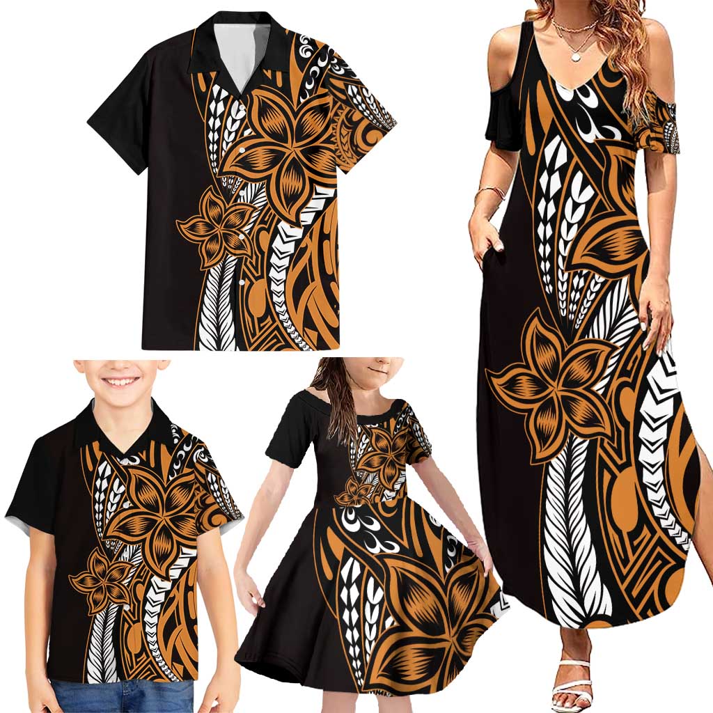 Polynesian Plumeria Floral Tattoo Pattern Family Matching Summer Maxi Dress and Hawaiian Shirt Gold Style