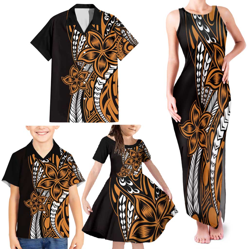 Polynesian Plumeria Floral Tattoo Pattern Family Matching Tank Maxi Dress and Hawaiian Shirt Gold Style LT9 - Polynesian Pride