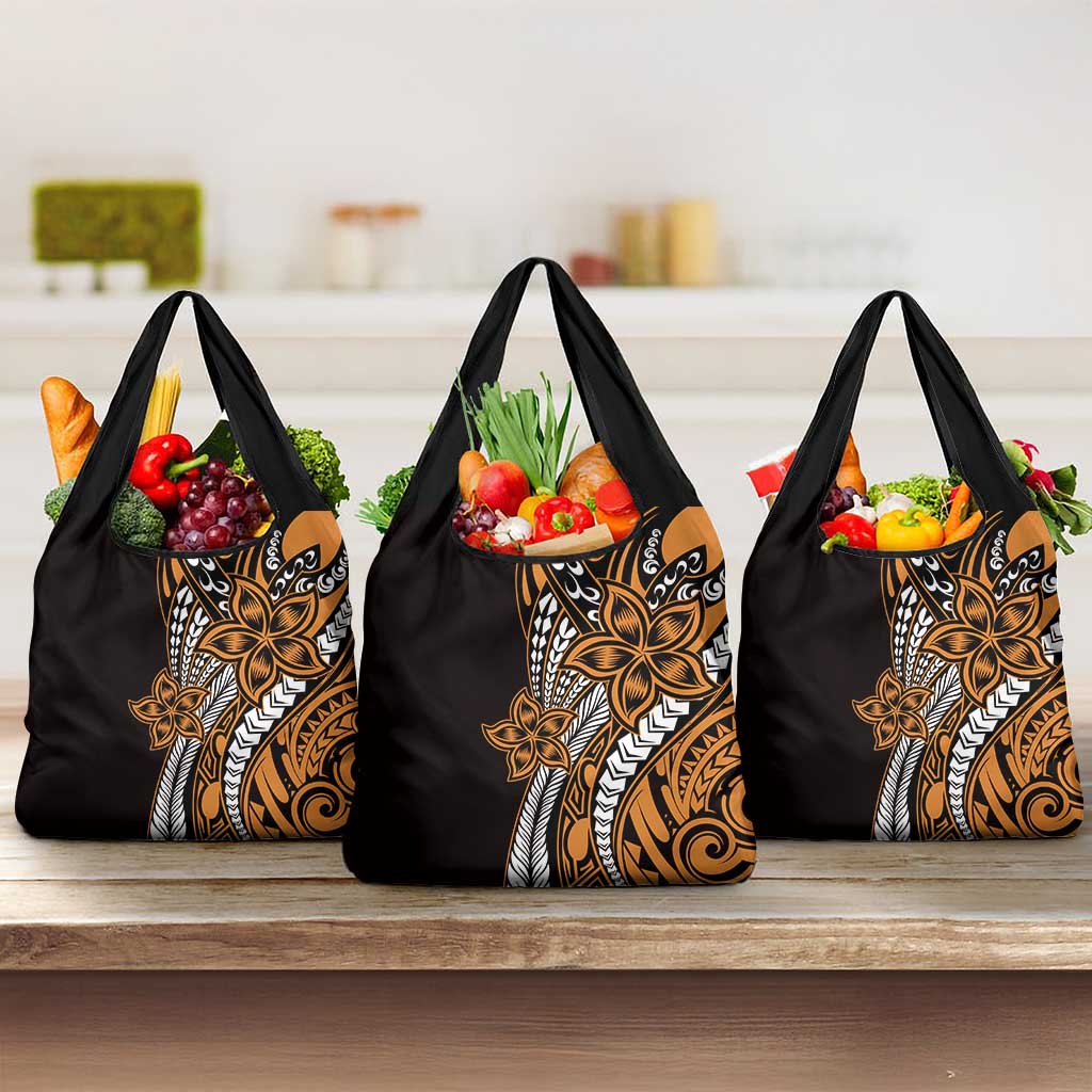 Polynesian Plumeria Floral Tattoo Pattern Grocery Bag Gold Style LT9 3-pack One Size Gold - Polynesian Pride