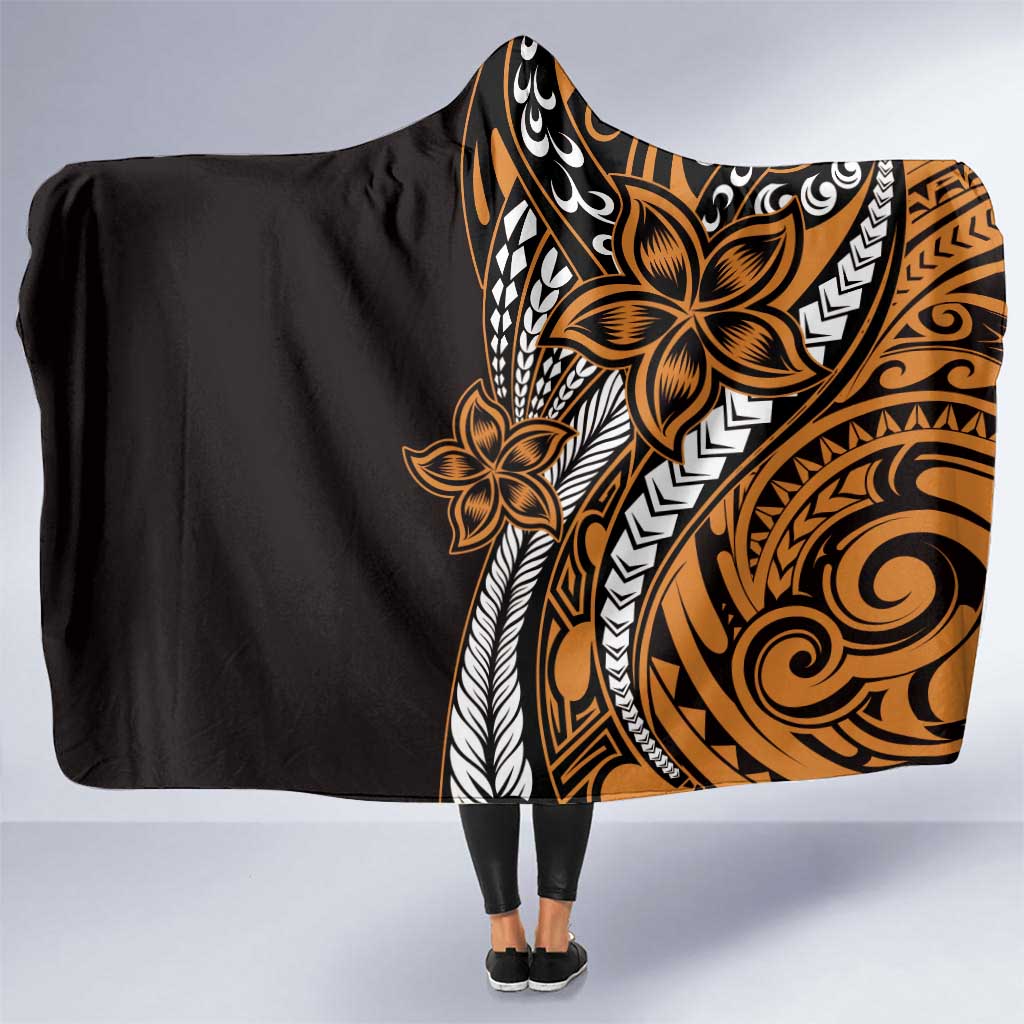 Polynesian Plumeria Floral Tattoo Pattern Hooded Blanket Gold Style