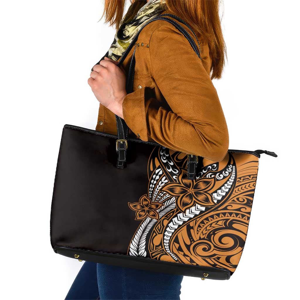 Polynesian Plumeria Floral Tattoo Pattern Leather Tote Bag Gold Style LT9 Gold - Polynesian Pride