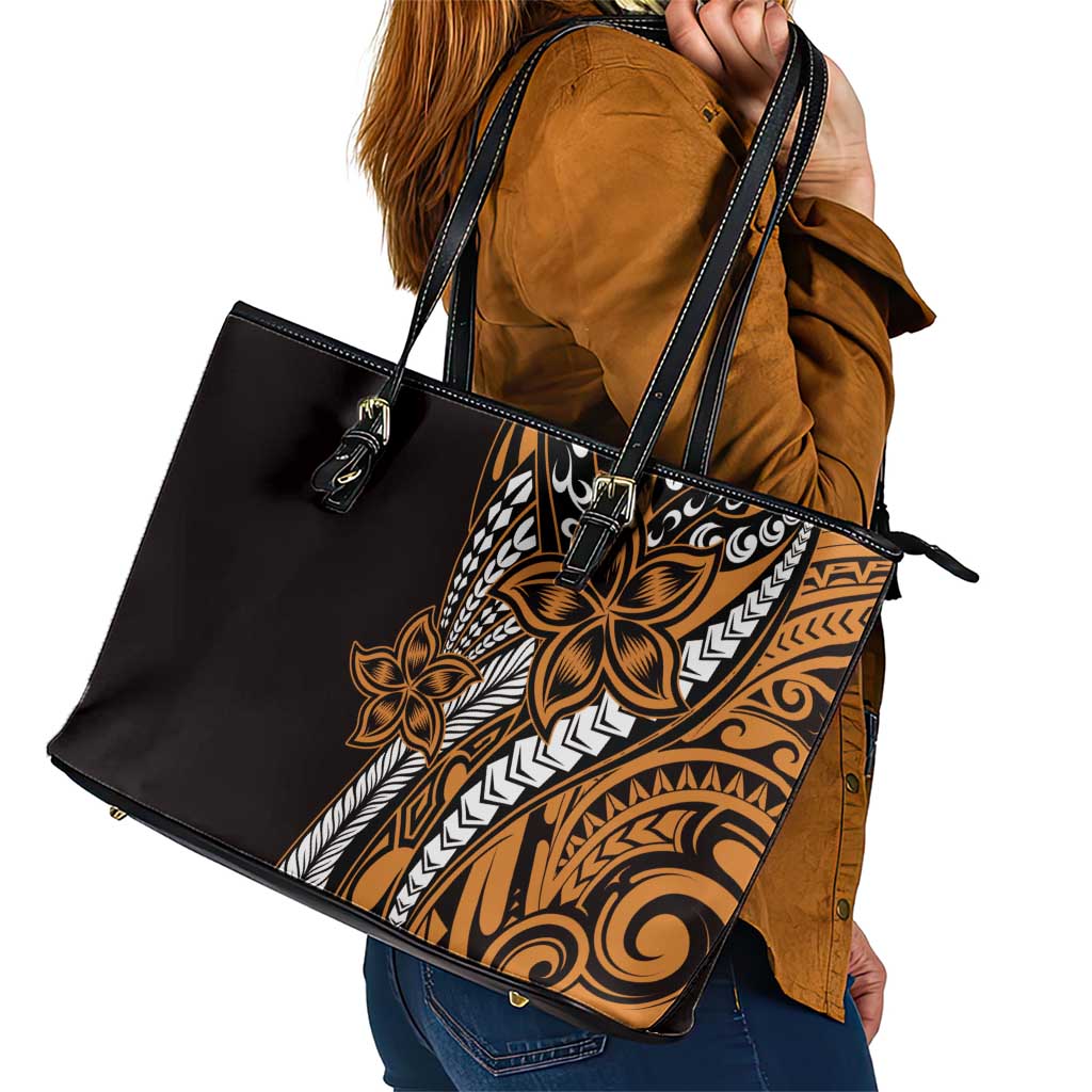 Polynesian Plumeria Floral Tattoo Pattern Leather Tote Bag Gold Style LT9 - Polynesian Pride